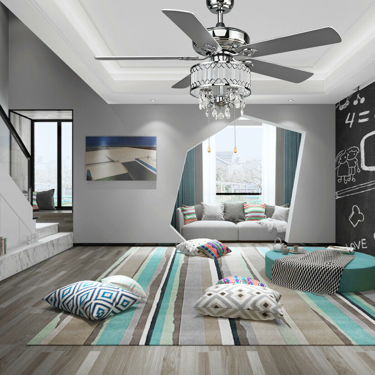 52 Inch Crystal Ceiling Fan Lamp w/ 5 Reversible Blades-SilverÂ