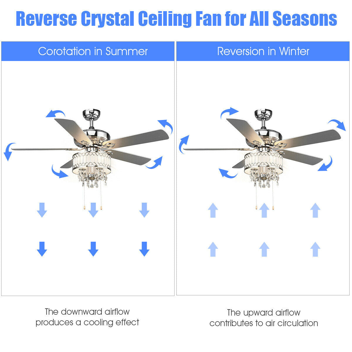 52 Inch Crystal Ceiling Fan Lamp w/ 5 Reversible Blades-SilverÂ