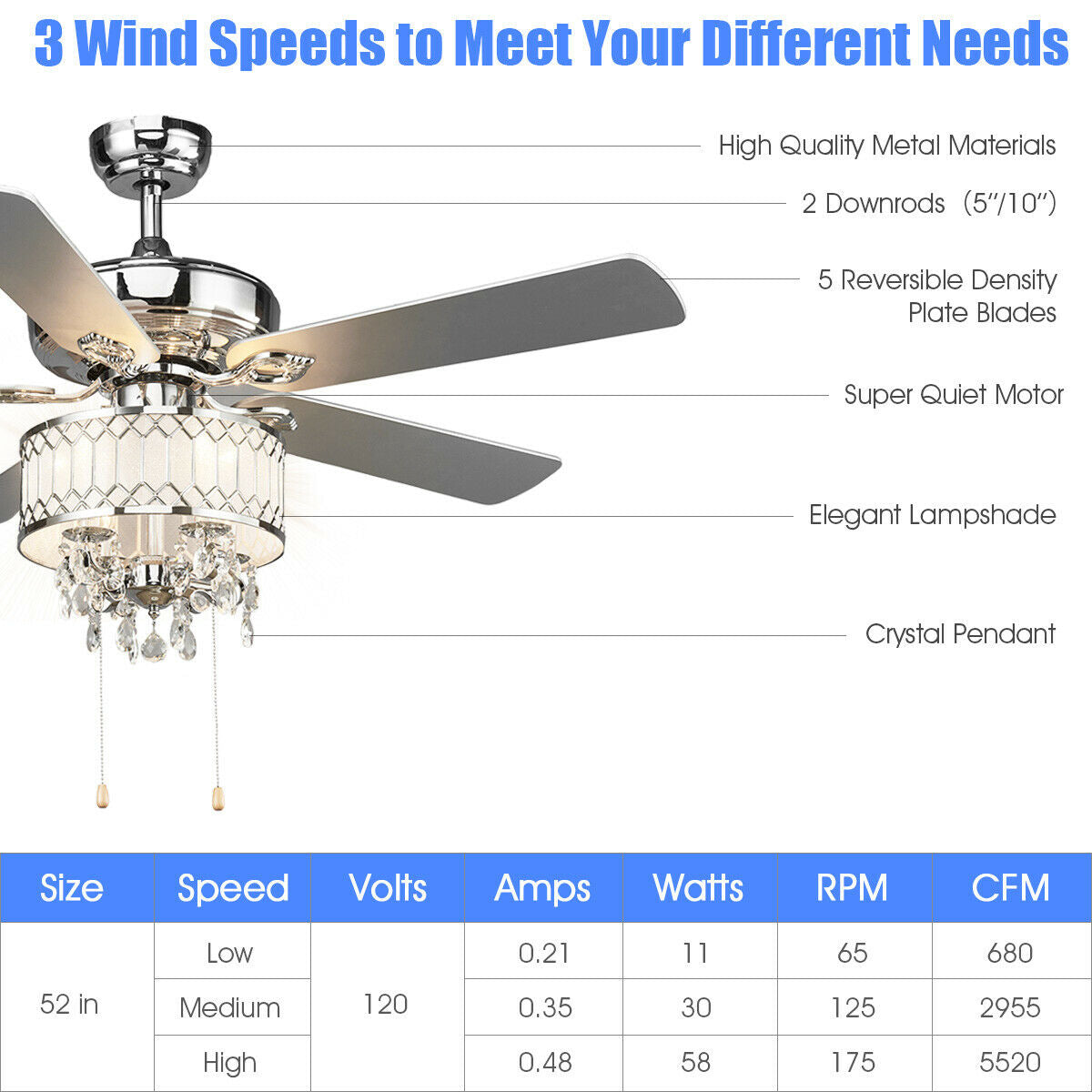 52 Inch Crystal Ceiling Fan Lamp w/ 5 Reversible Blades-SilverÂ