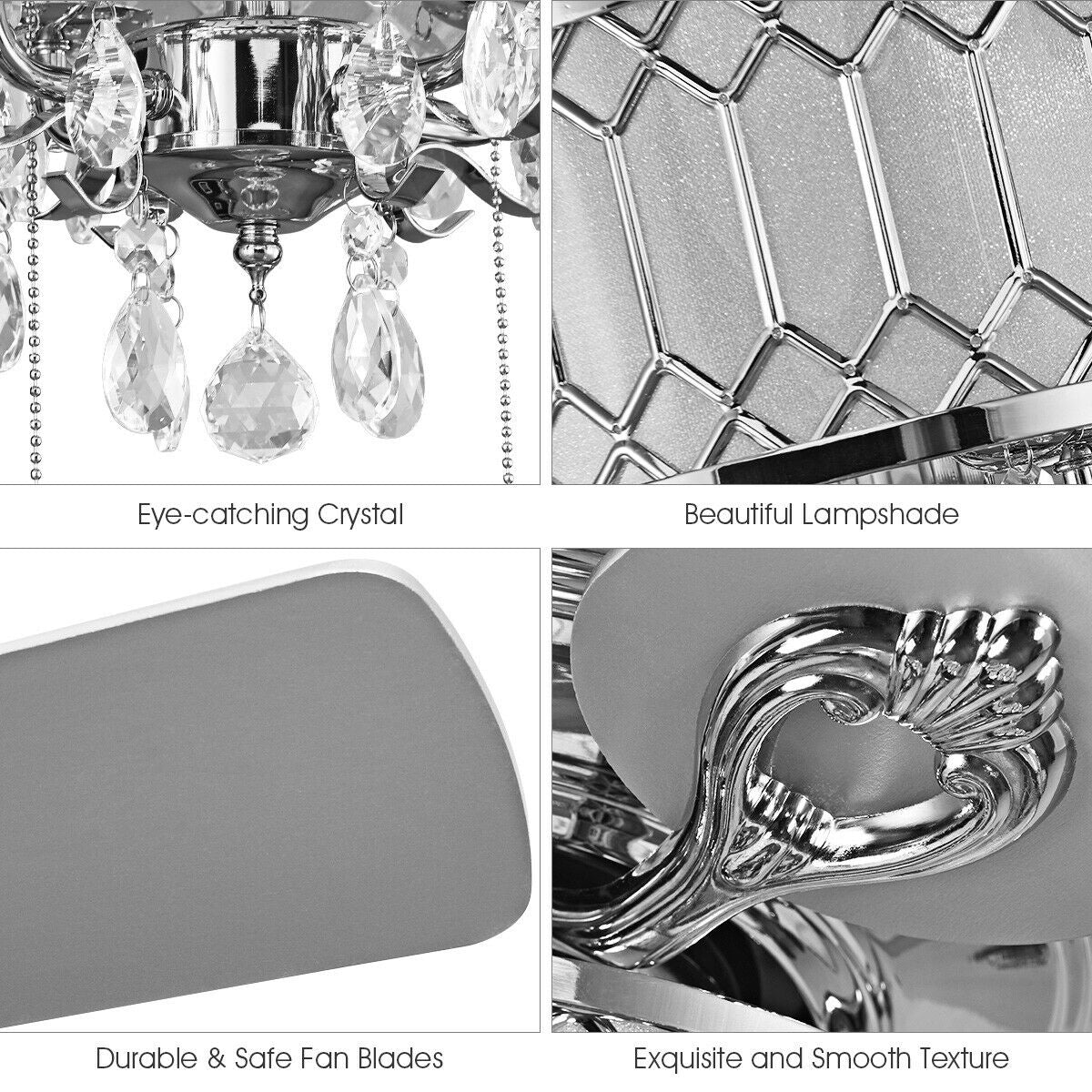 52 Inch Crystal Ceiling Fan Lamp w/ 5 Reversible Blades-SilverÂ