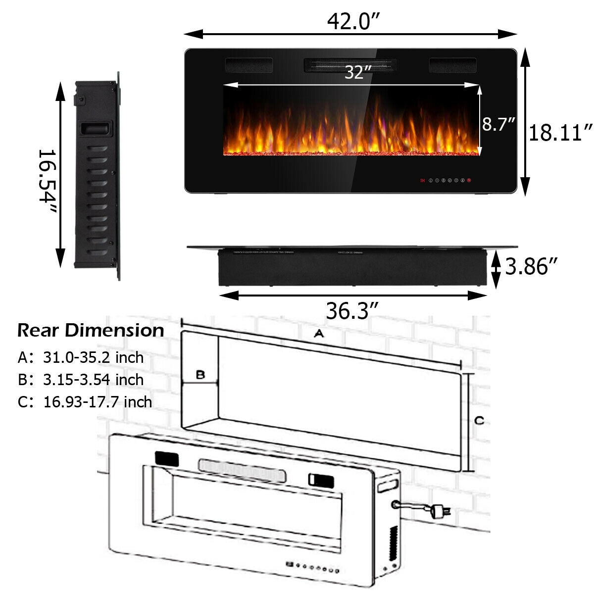 42 Inch Recessed Ultra Thin Electric Fireplace with TimerÂ