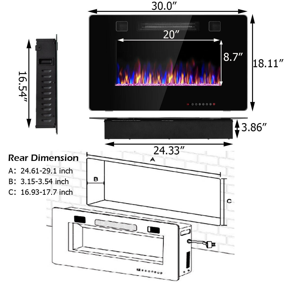 30-Inch Recessed Ultra Thin Electric Fireplace Heater with Glass AppearanceÂ