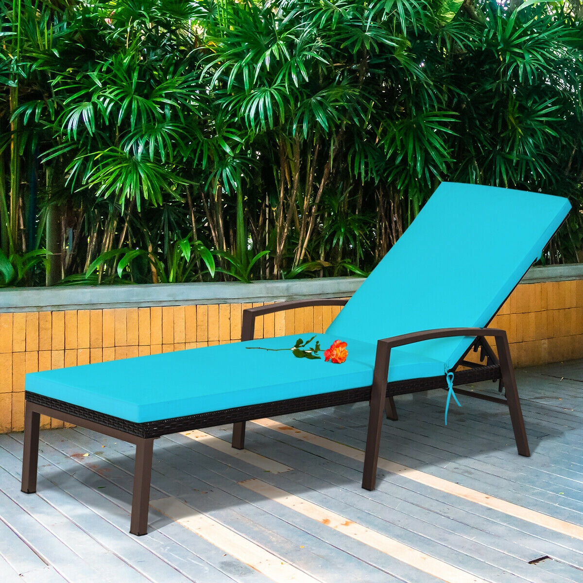 Patio Rattan Lounge Chaise Recliner with Back Adjustable Cushioned-TurquoiseÂ