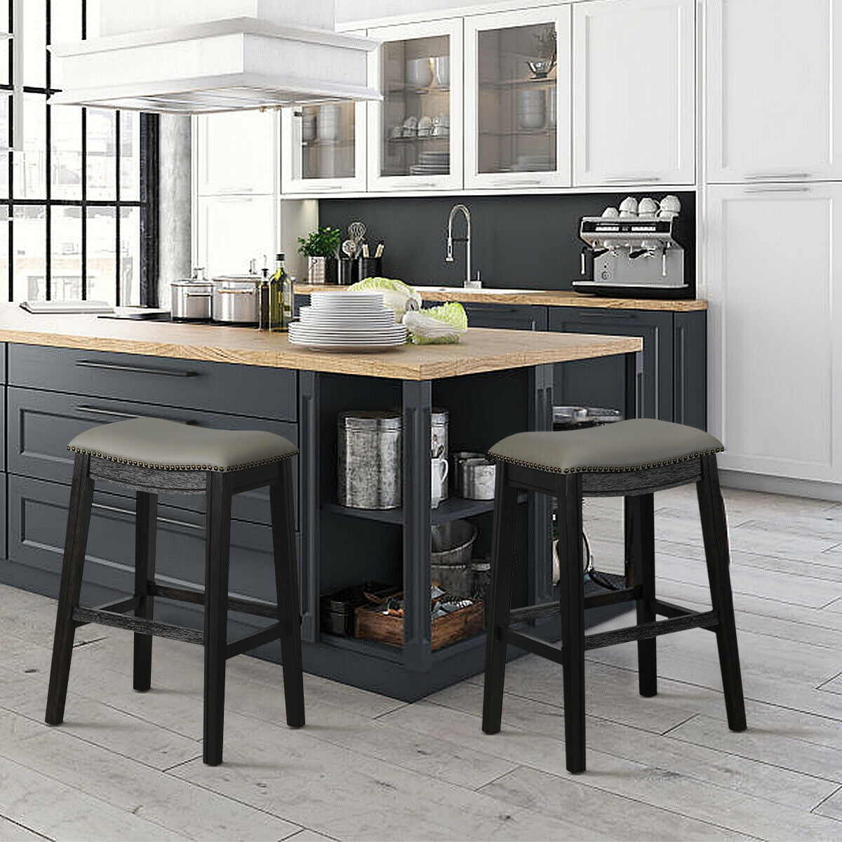 29 Inch Set of 2 Saddle Nailhead Kitchen Counter Chair-Black ChairÂ