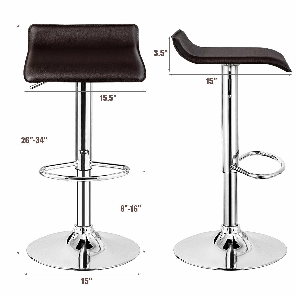 Set of 2 Adjustable PU Leather Backless Bar Stools-CoffeeÂ