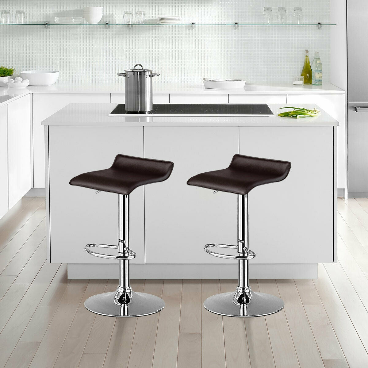 Set of 2 Adjustable PU Leather Backless Bar Stools-CoffeeÂ