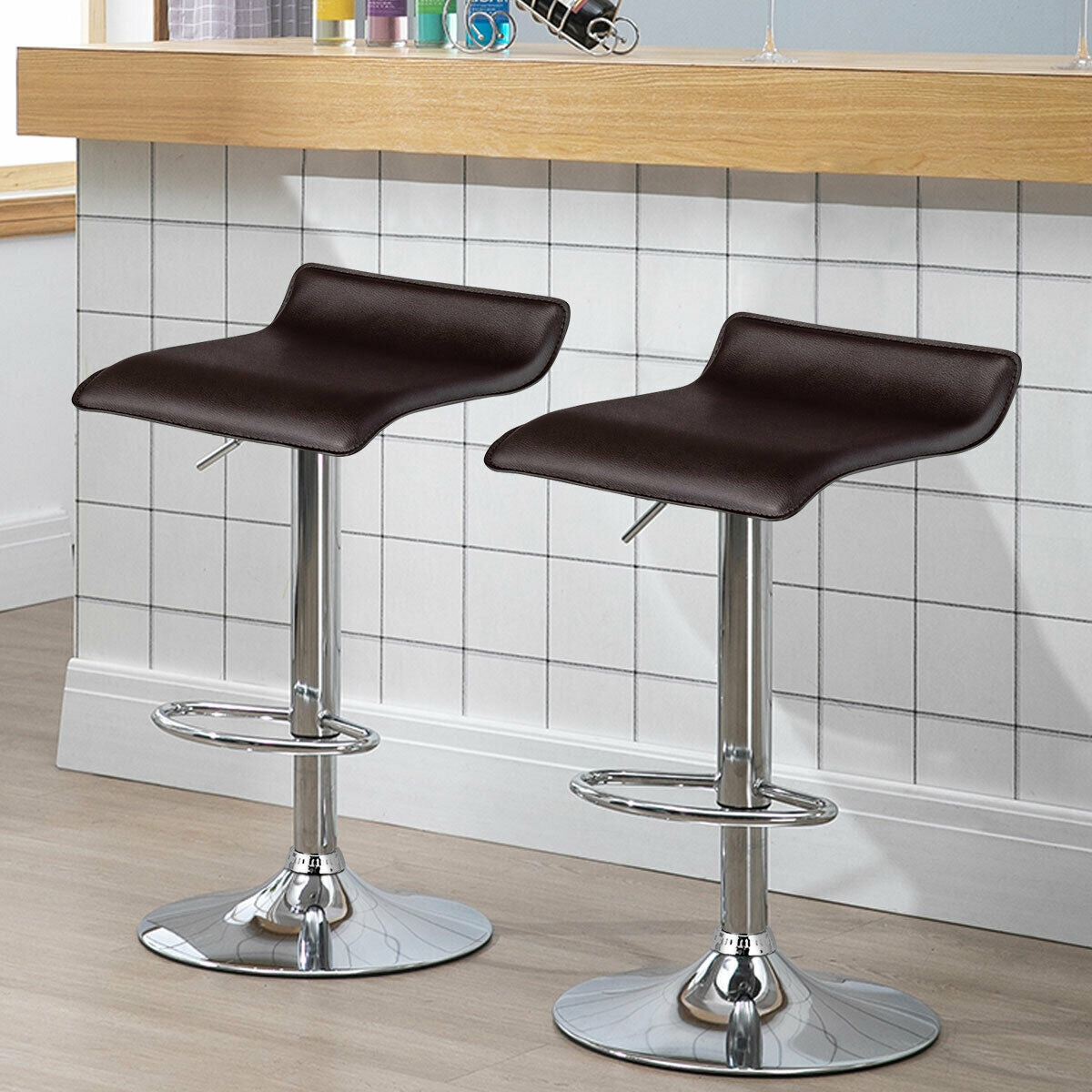 Set of 2 Adjustable PU Leather Backless Bar Stools-CoffeeÂ