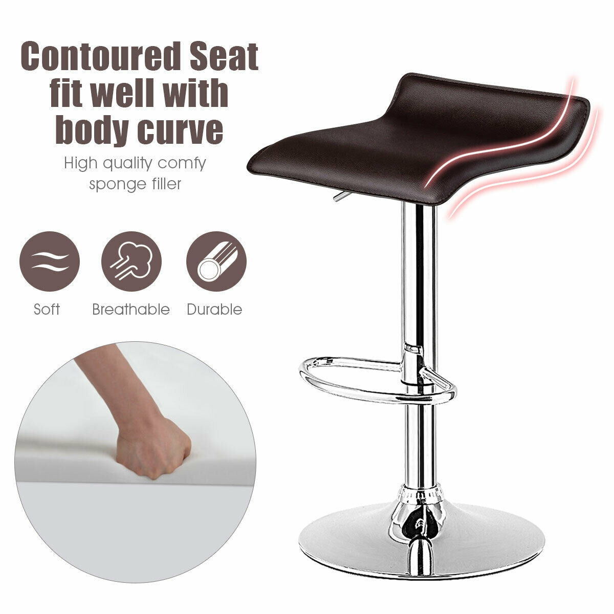 Set of 2 Adjustable PU Leather Backless Bar Stools-CoffeeÂ