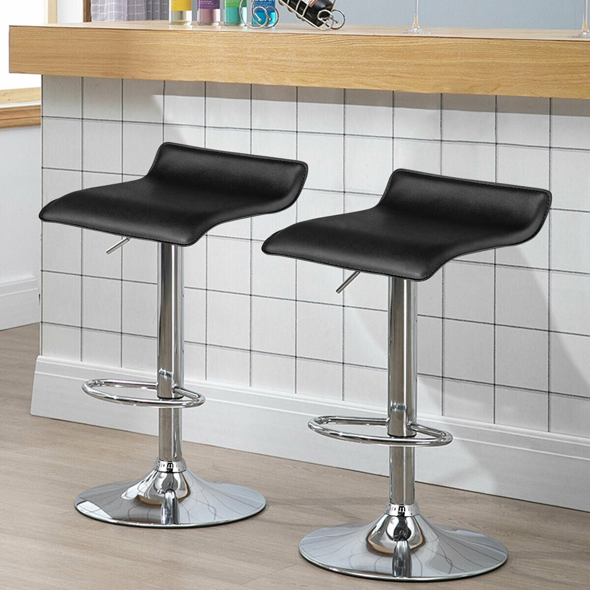Set of 2 Adjustable PU Leather Backless Bar Stools-BlackÂ