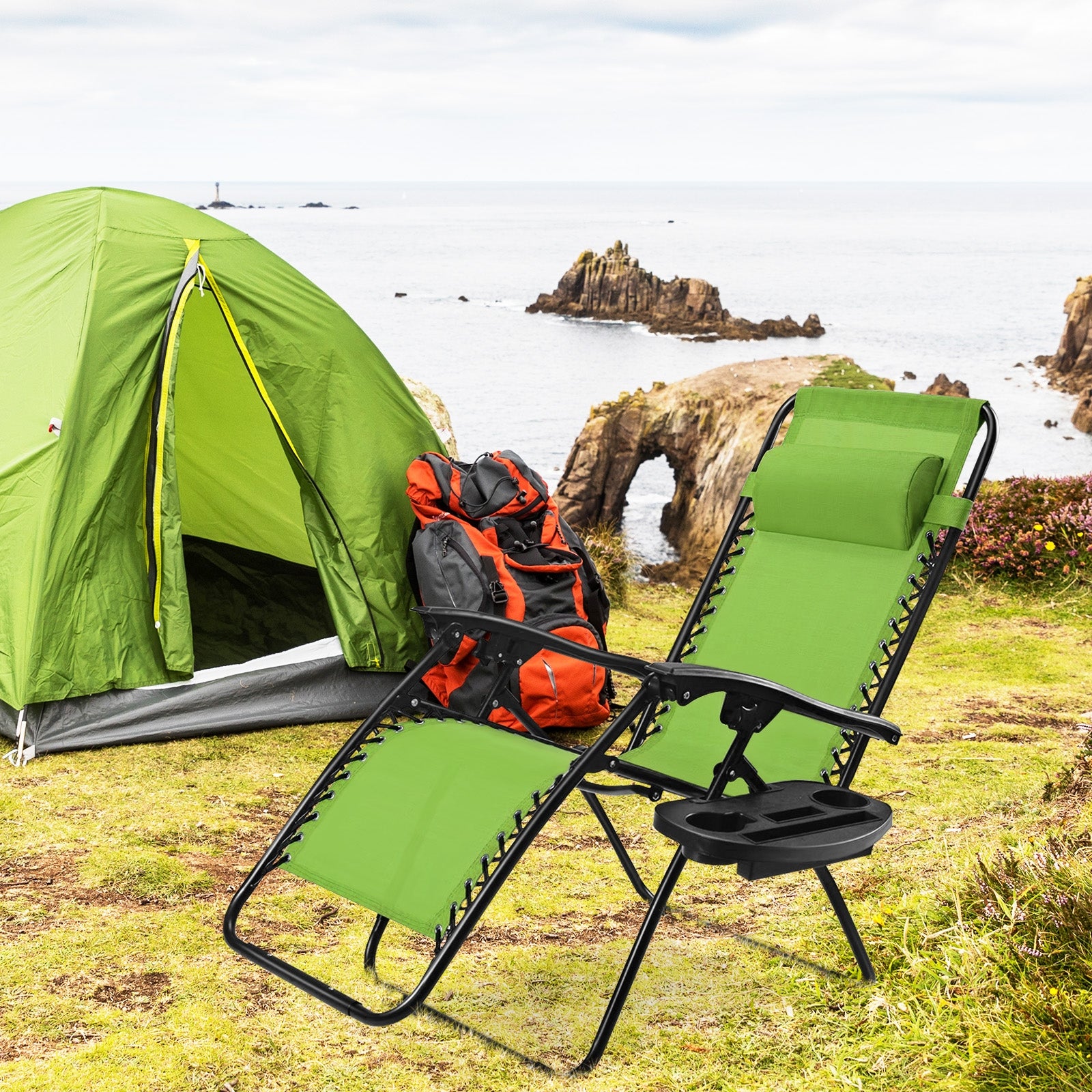 Outdoor Folding Zero Gravity Reclining Lounge Chair with Utility Tray-GreenÂ