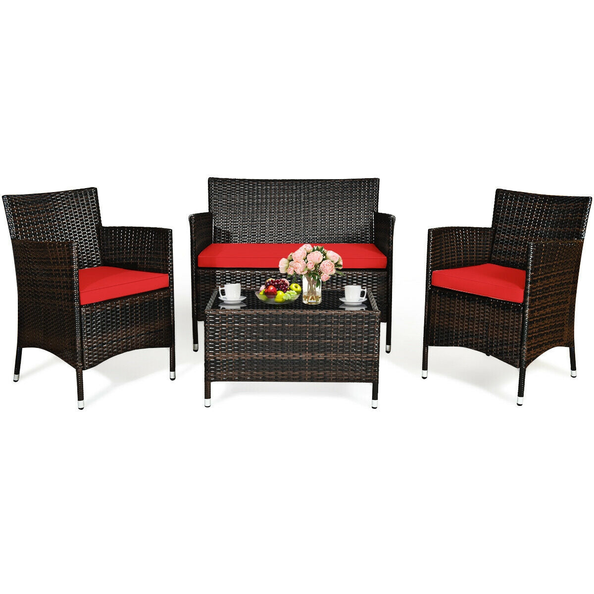 4 Pieces Comfortable Rattan Outdoor Conversation Furniture Set with Glass Table-RedÂ