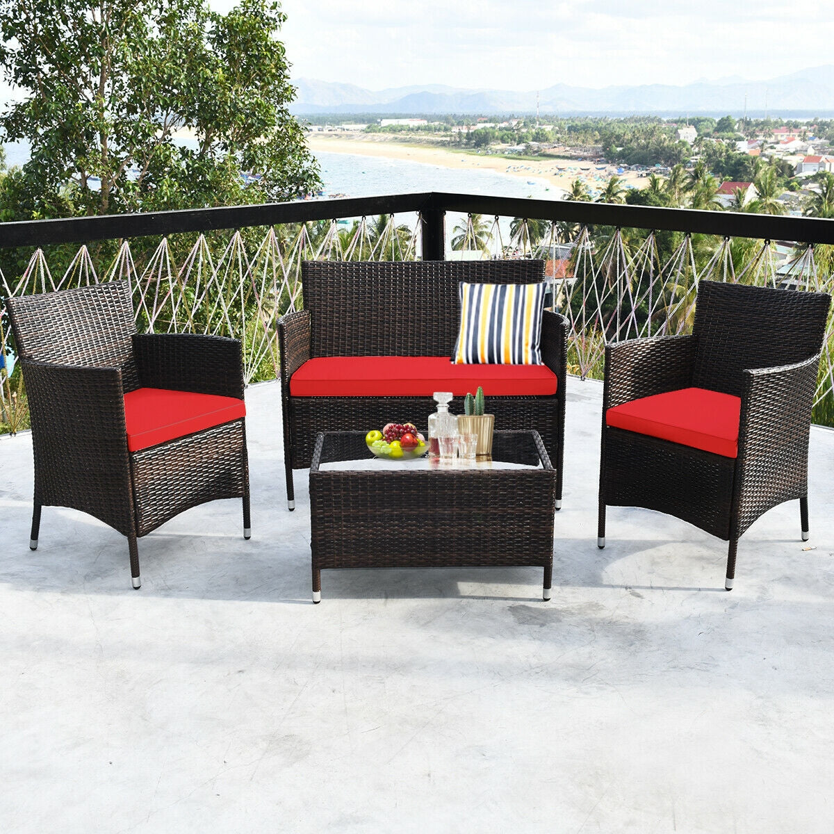 4 Pieces Comfortable Rattan Outdoor Conversation Furniture Set with Glass Table-RedÂ