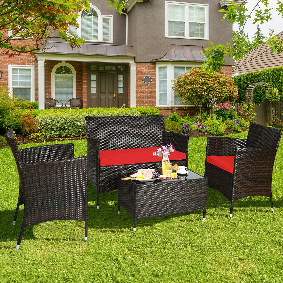 4 Pieces Comfortable Rattan Outdoor Conversation Furniture Set with Glass Table-RedÂ