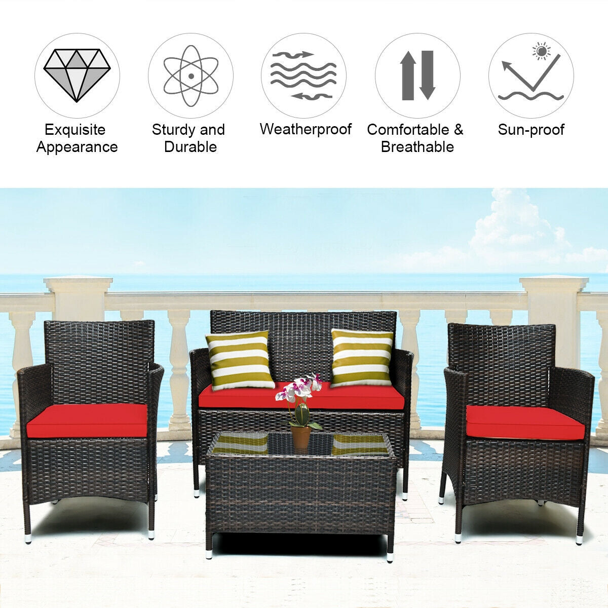 4 Pieces Comfortable Rattan Outdoor Conversation Furniture Set with Glass Table-RedÂ