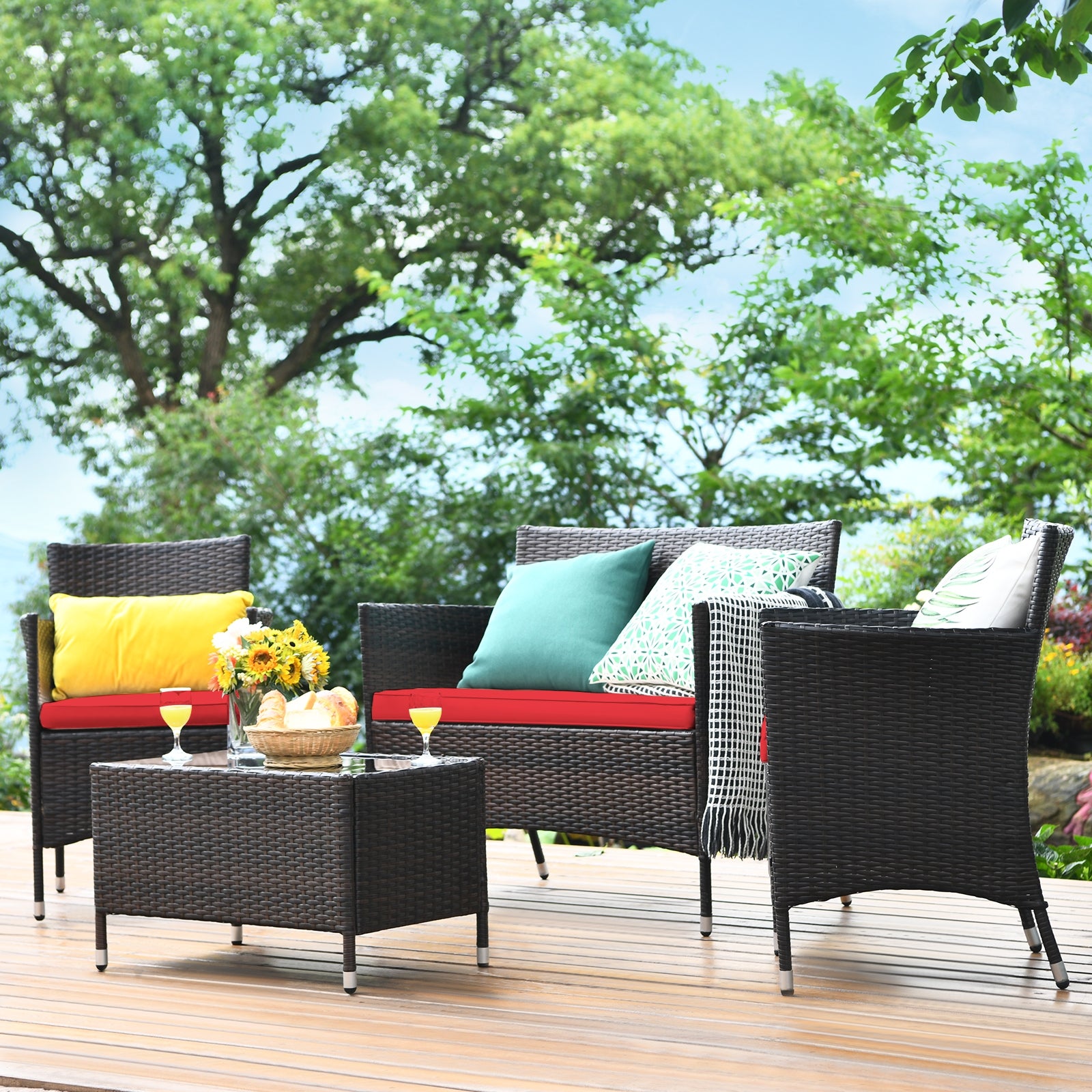4 Pieces Comfortable Rattan Outdoor Conversation Furniture Set with Glass Table-RedÂ