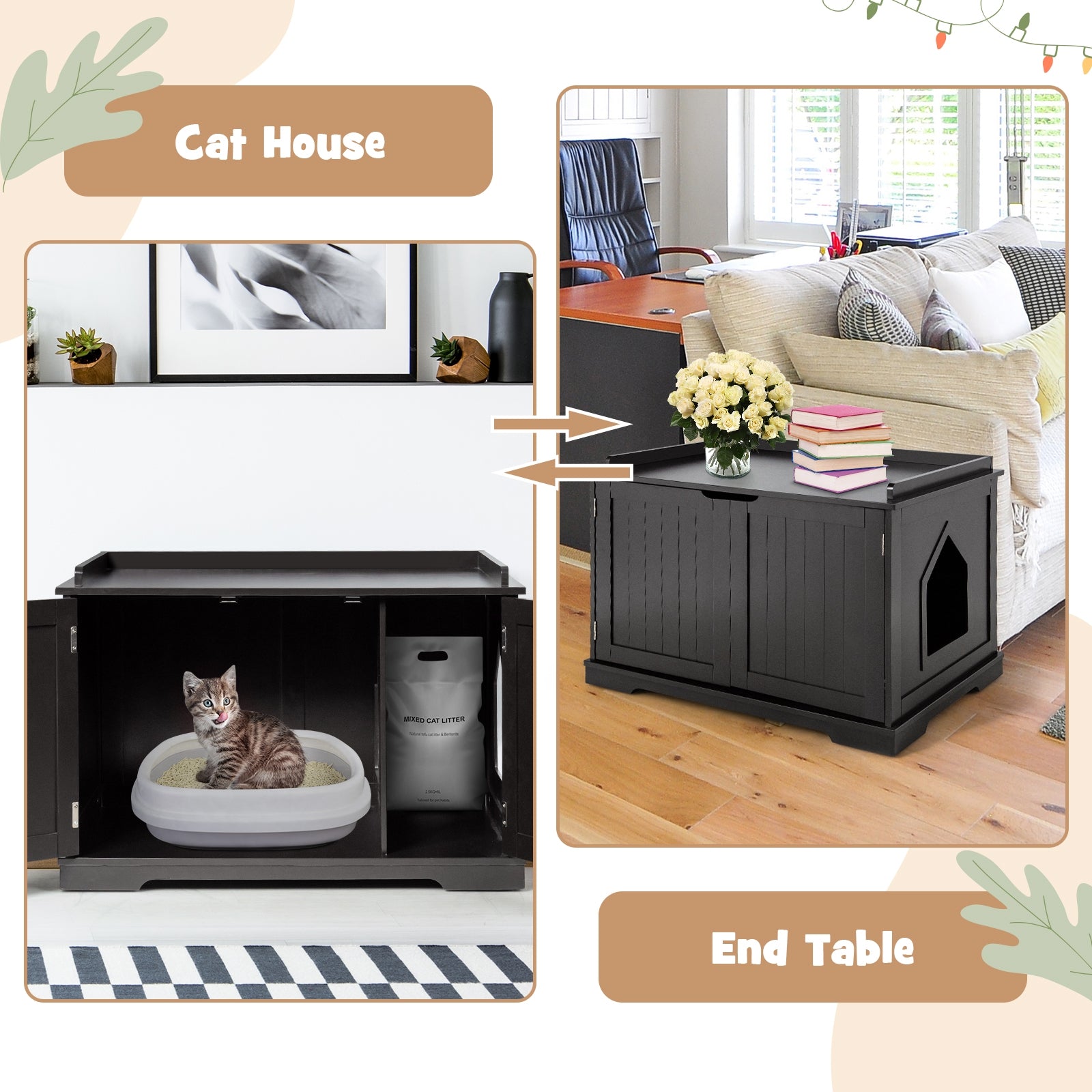 Cat Litter Box Enclosure with Double Doors for Large Cat and Kitty-BlackÂ