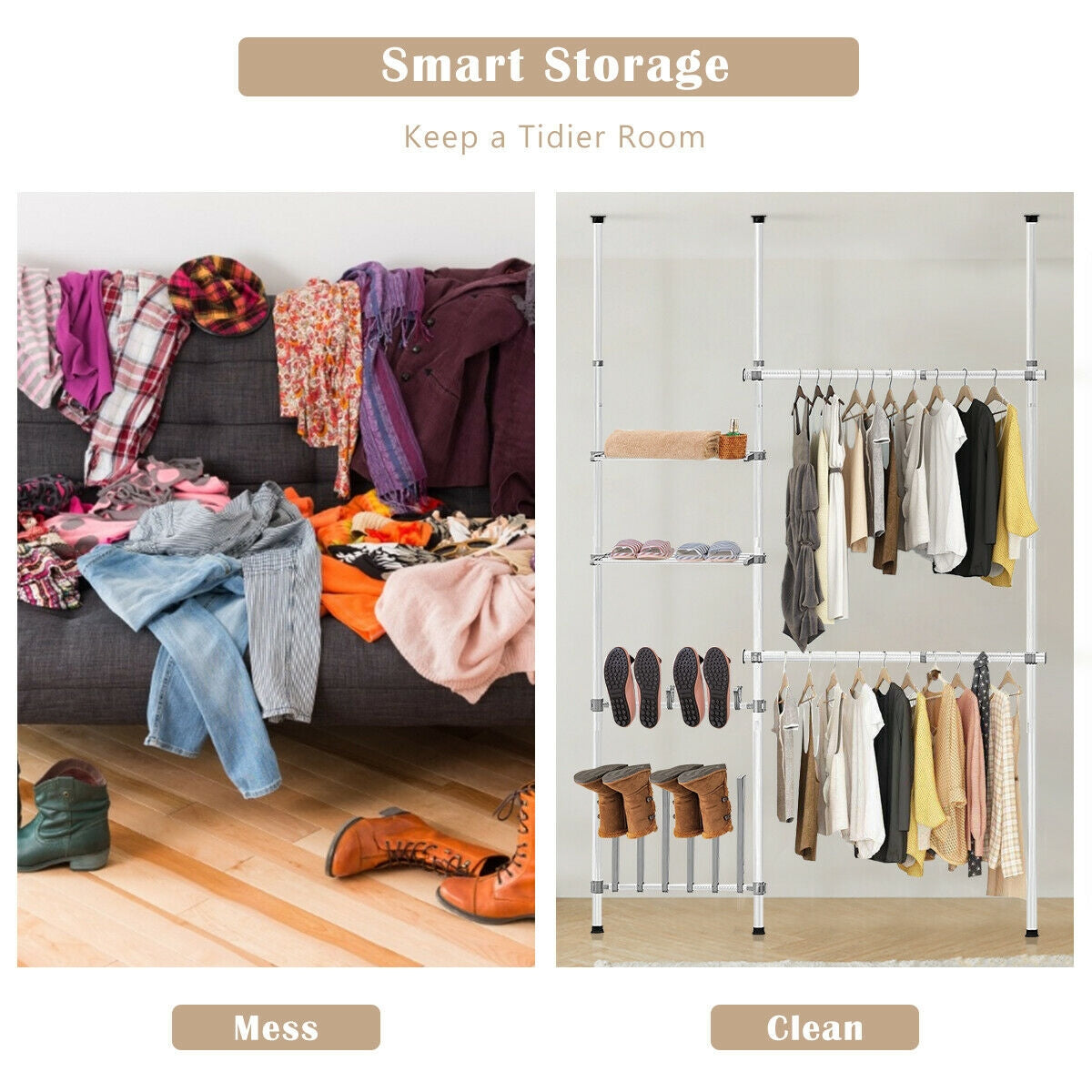 2 Tier Telescopic Clothes Hangers with Shoe Rack & ShelfÂ