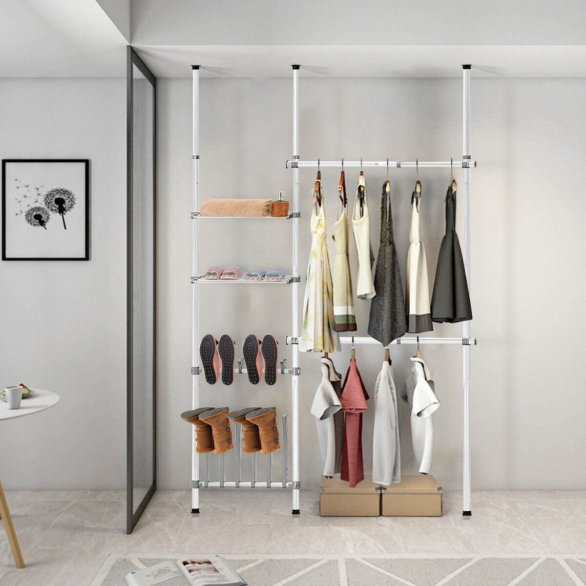 2 Tier Telescopic Clothes Hangers with Shoe Rack & ShelfÂ