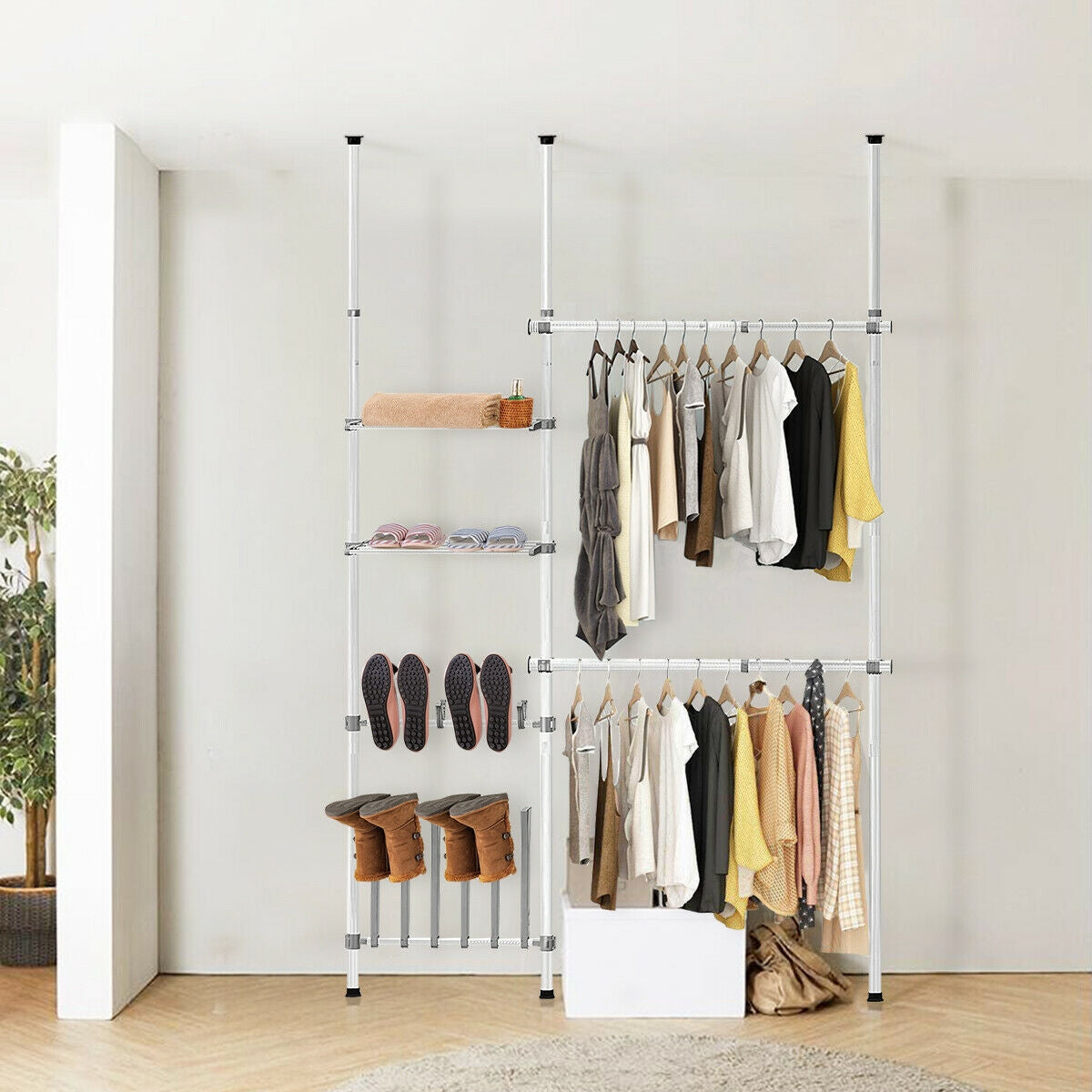 2 Tier Telescopic Clothes Hangers with Shoe Rack & ShelfÂ