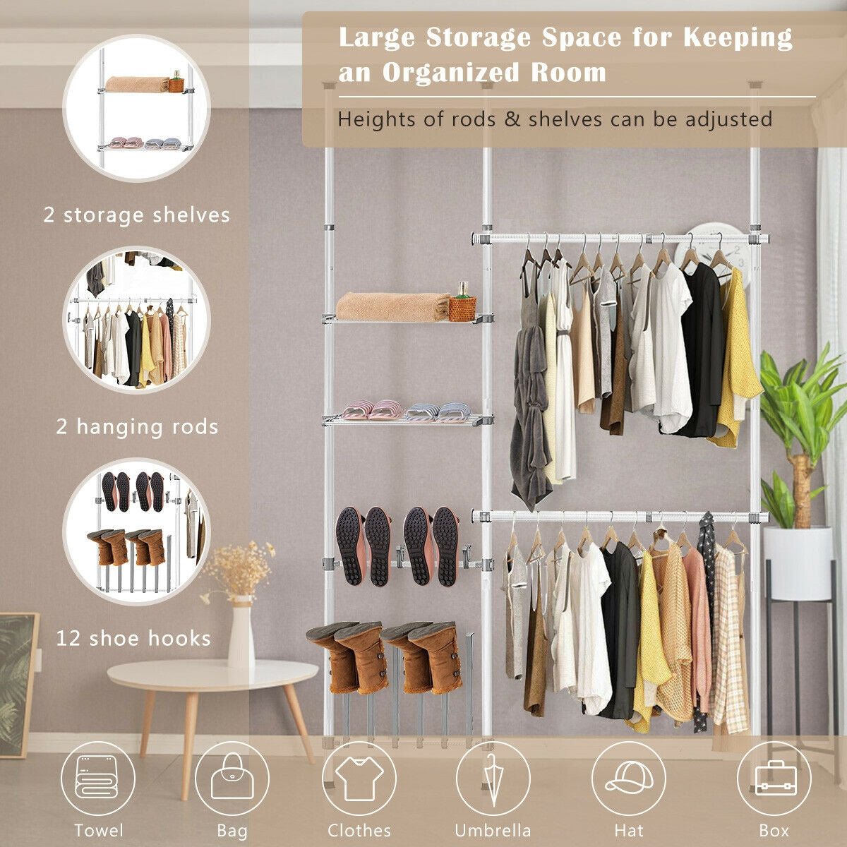 2 Tier Telescopic Clothes Hangers with Shoe Rack & ShelfÂ