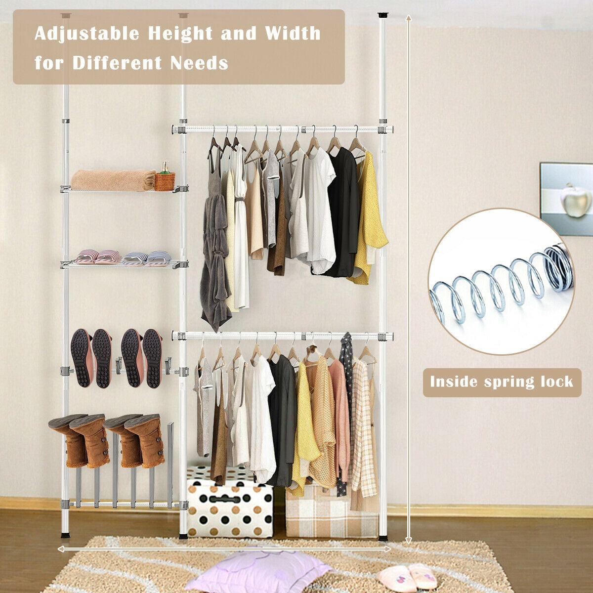 2 Tier Telescopic Clothes Hangers with Shoe Rack & ShelfÂ