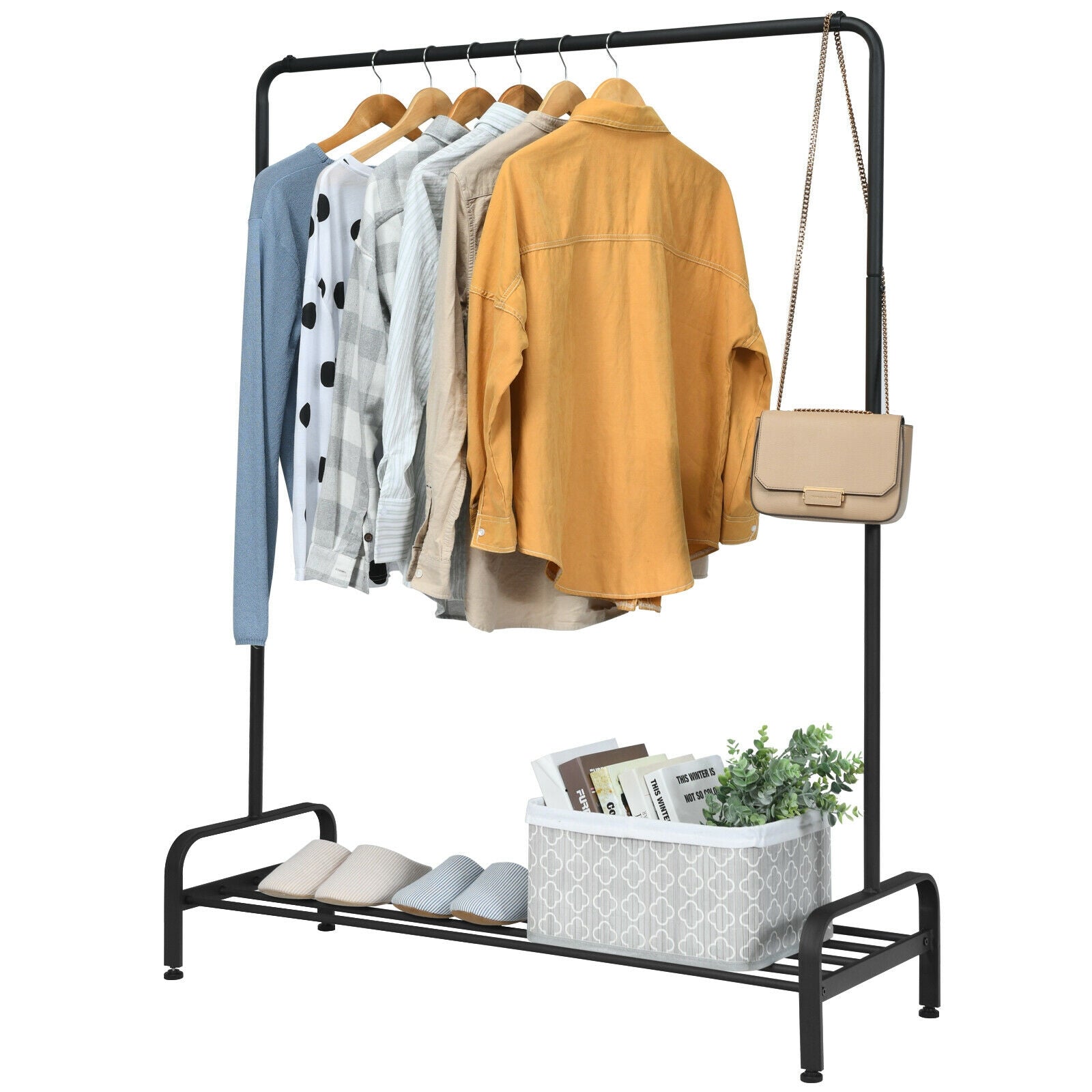 Heavy Duty Clothes Stand Rack with Top Rod and Lower Storage ShelfÂ