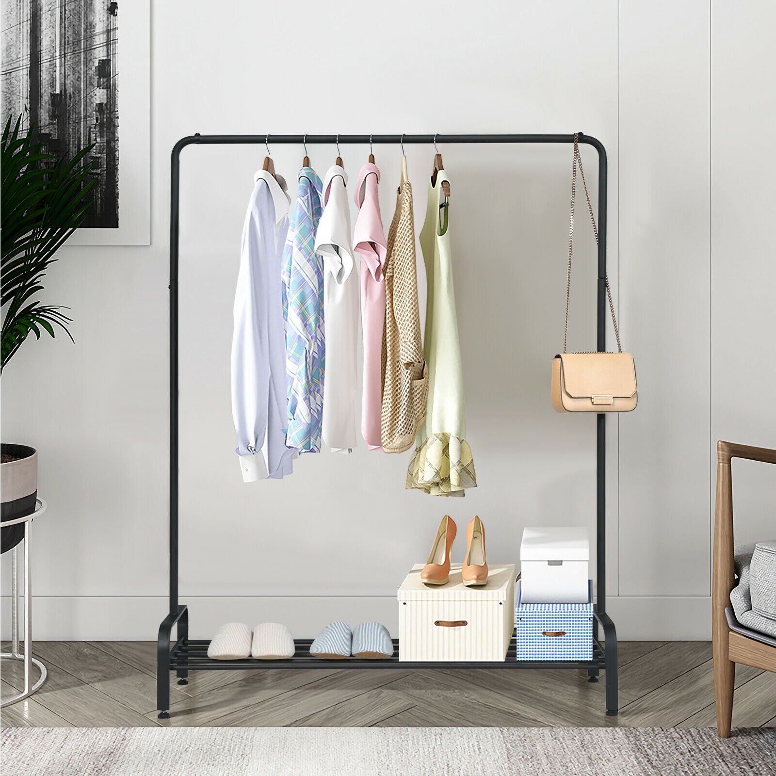 Heavy Duty Clothes Stand Rack with Top Rod and Lower Storage ShelfÂ