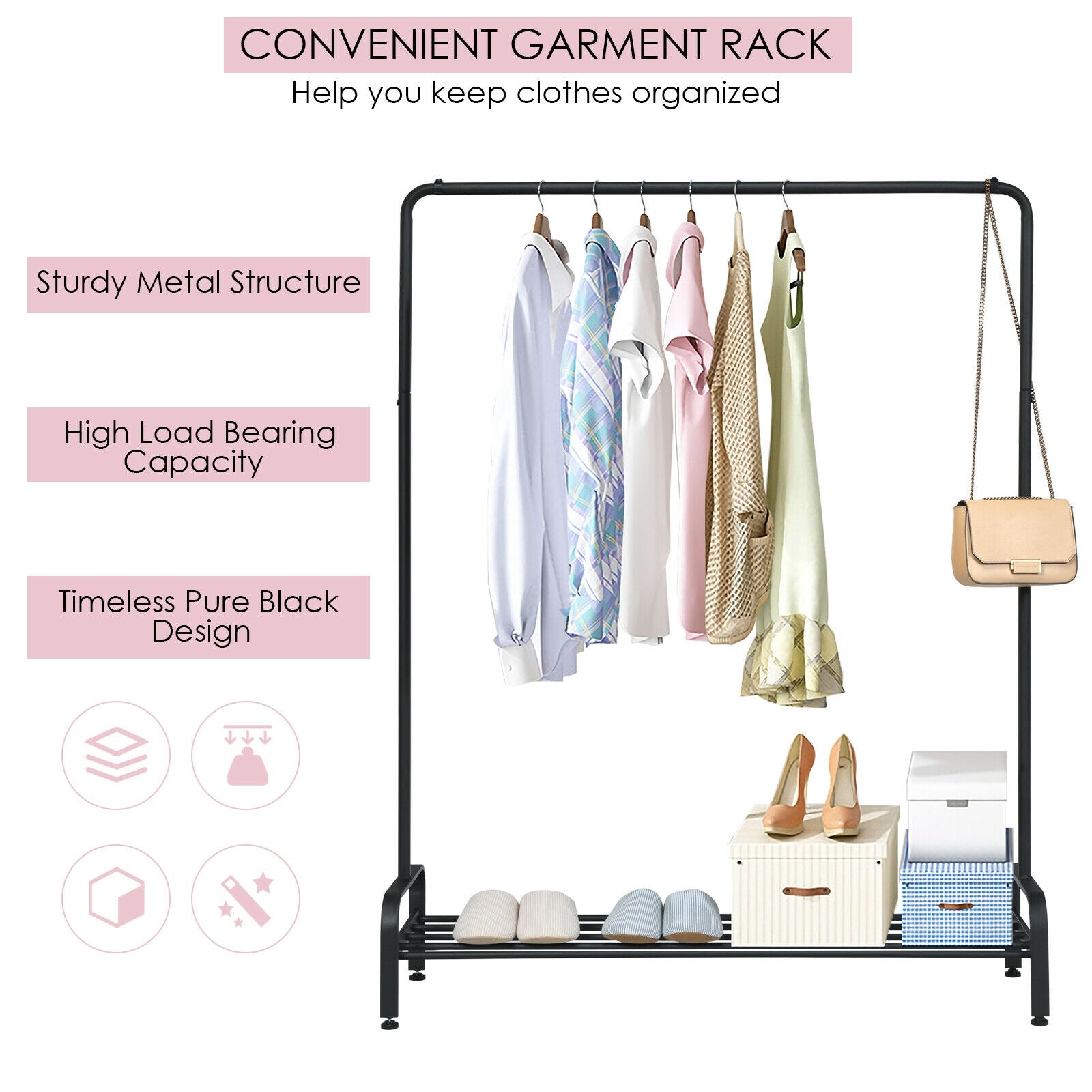 Heavy Duty Clothes Stand Rack with Top Rod and Lower Storage ShelfÂ