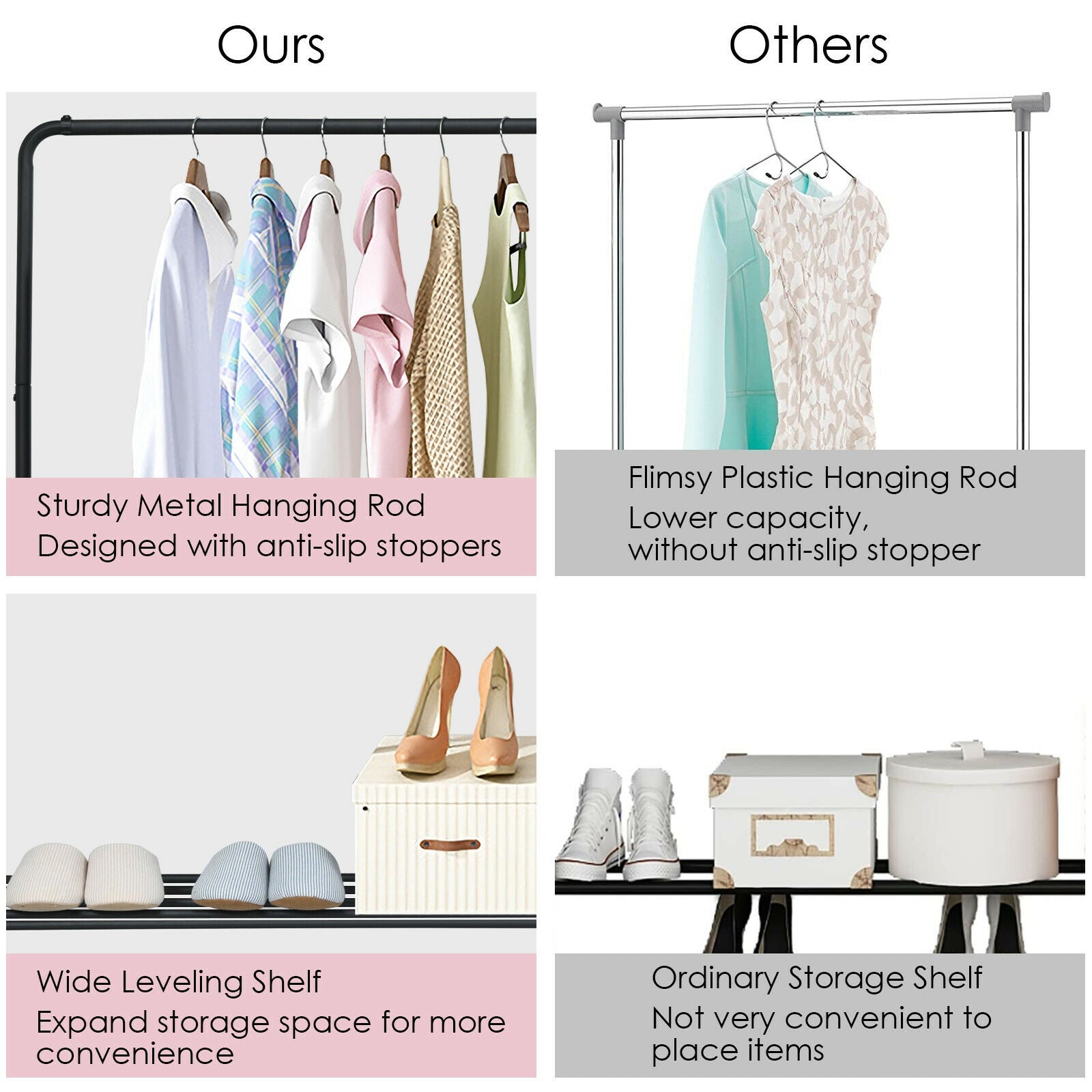 Heavy Duty Clothes Stand Rack with Top Rod and Lower Storage ShelfÂ