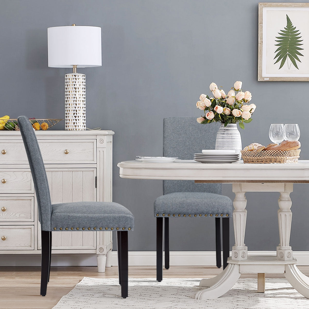Set of 2 Fabric Upholstered Dining Chairs with Nailhead-Light GrayÂ
