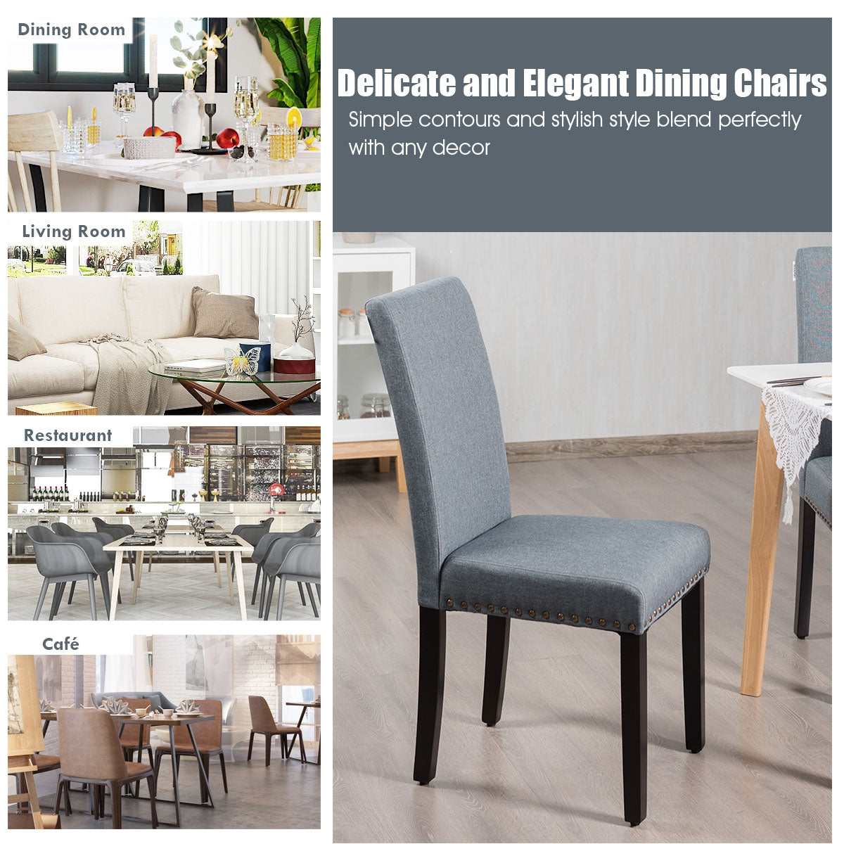 Set of 2 Fabric Upholstered Dining Chairs with Nailhead-Light GrayÂ