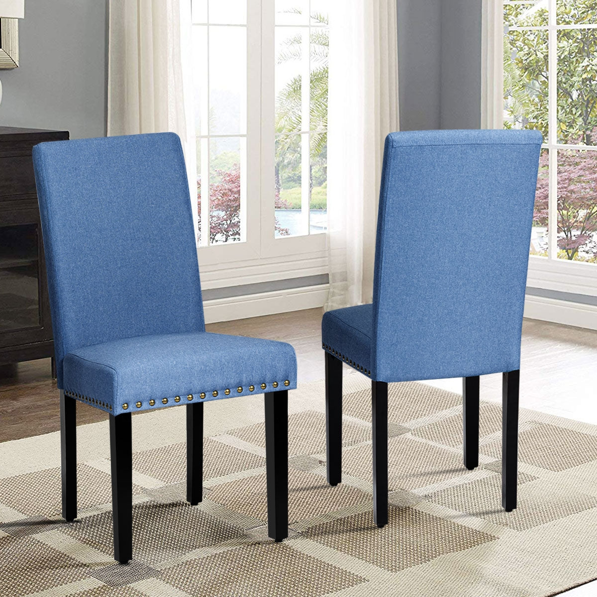 Set of 2 Fabric Upholstered Dining Chairs with Nailhead-BlueÂ
