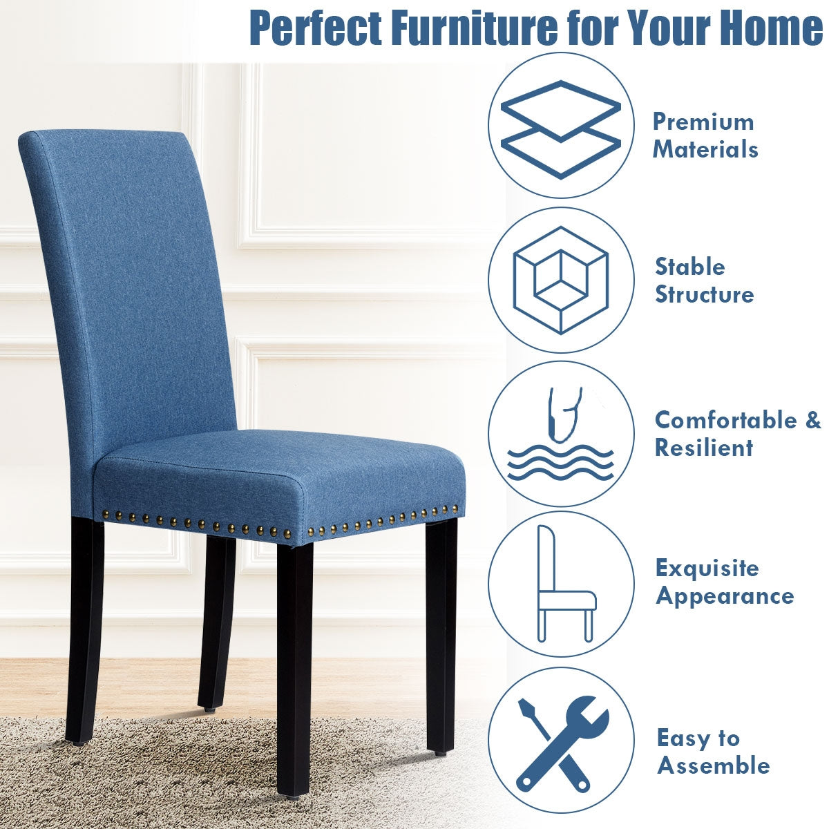 Set of 2 Fabric Upholstered Dining Chairs with Nailhead-BlueÂ