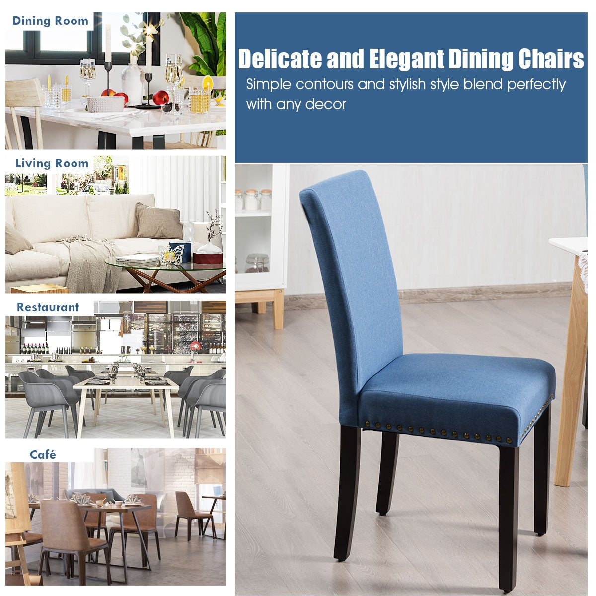 Set of 2 Fabric Upholstered Dining Chairs with Nailhead-BlueÂ