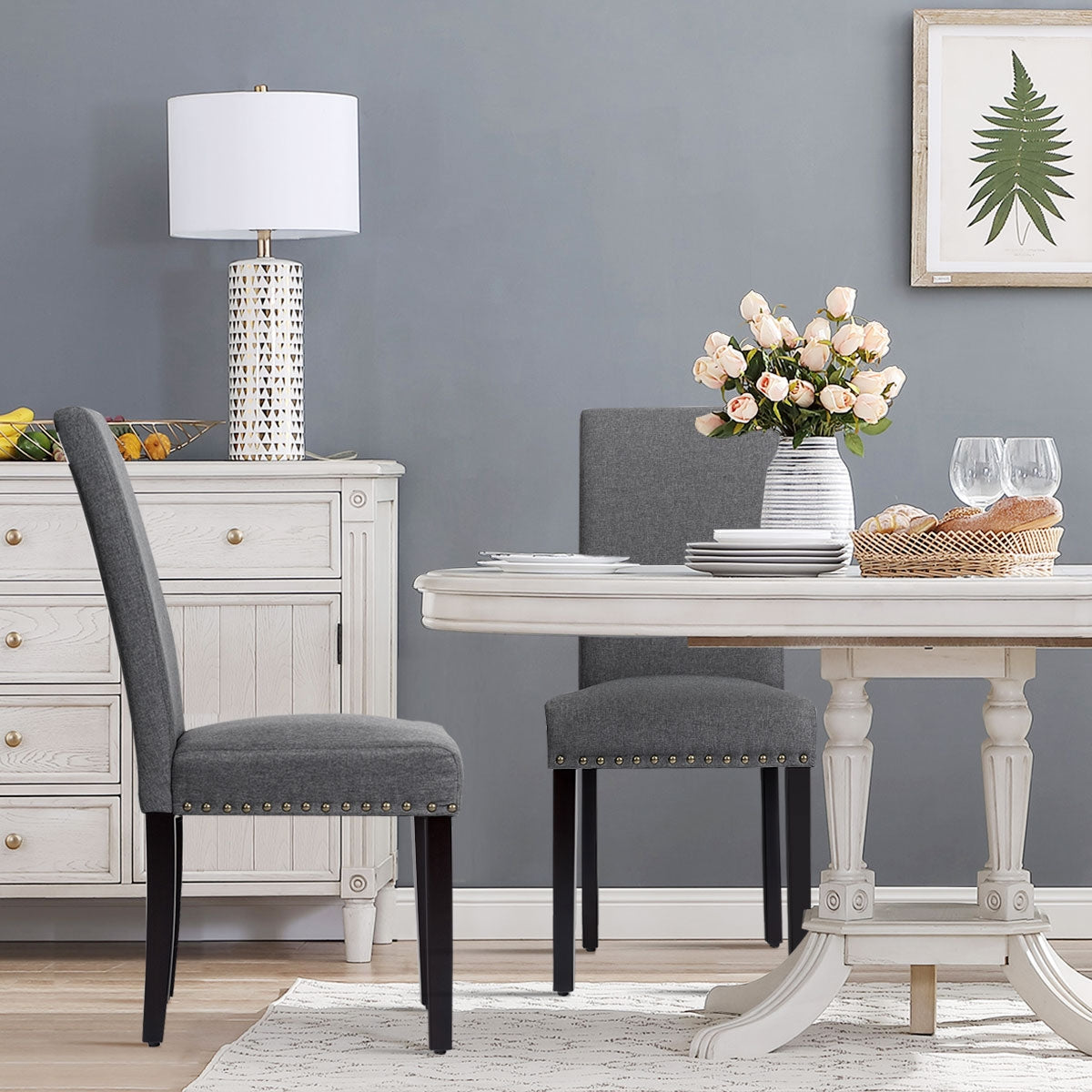 Set of 2 Fabric Upholstered Dining Chairs with Nailhead-GrayÂ