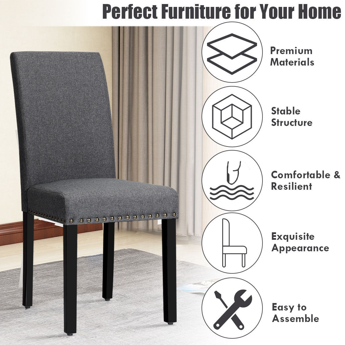 Set of 2 Fabric Upholstered Dining Chairs with Nailhead-GrayÂ