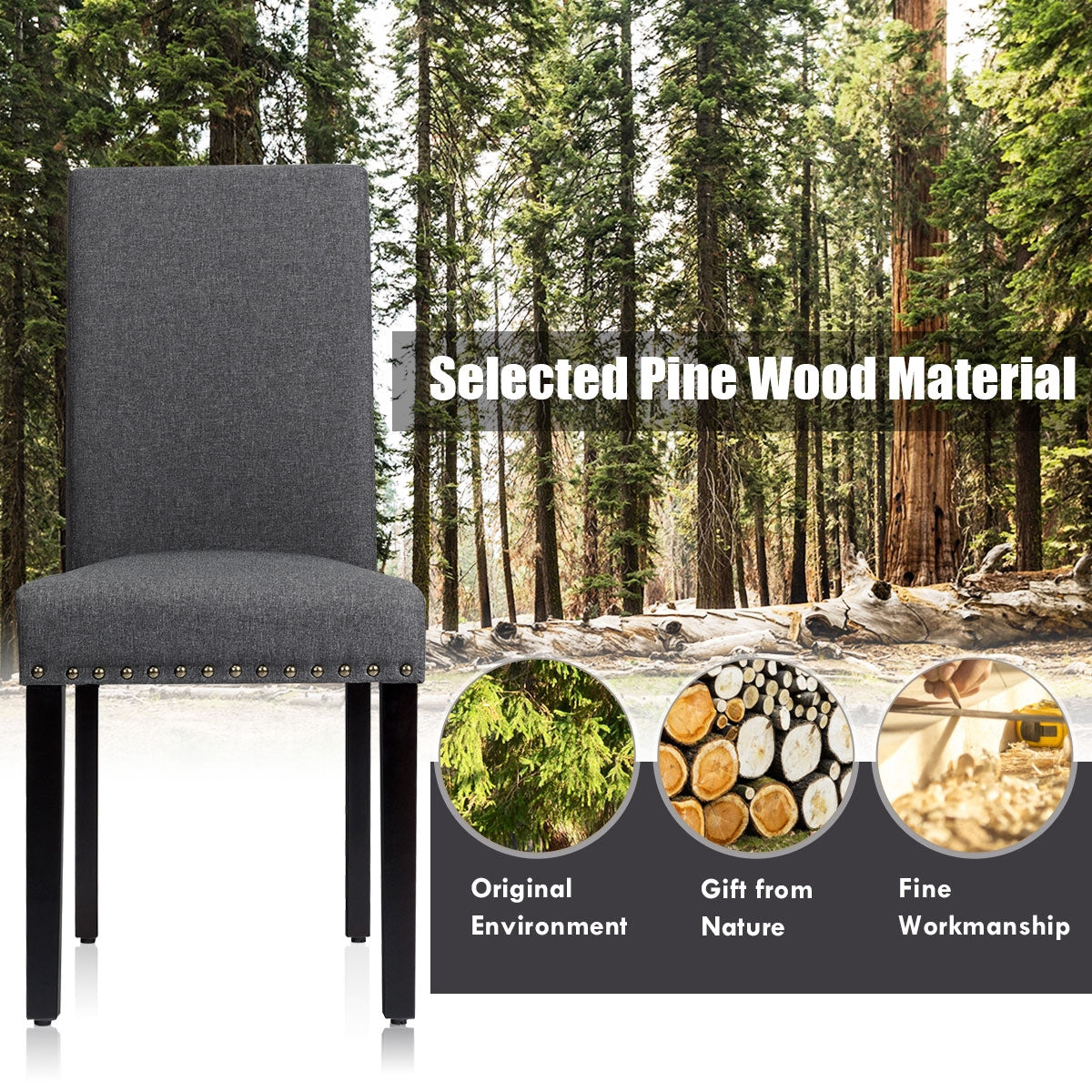 Set of 2 Fabric Upholstered Dining Chairs with Nailhead-GrayÂ