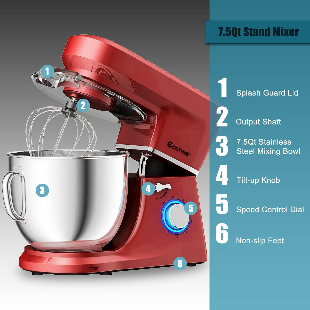 7.5 Qt Tilt-Head Stand Mixer with Dough Hook-RedÂ