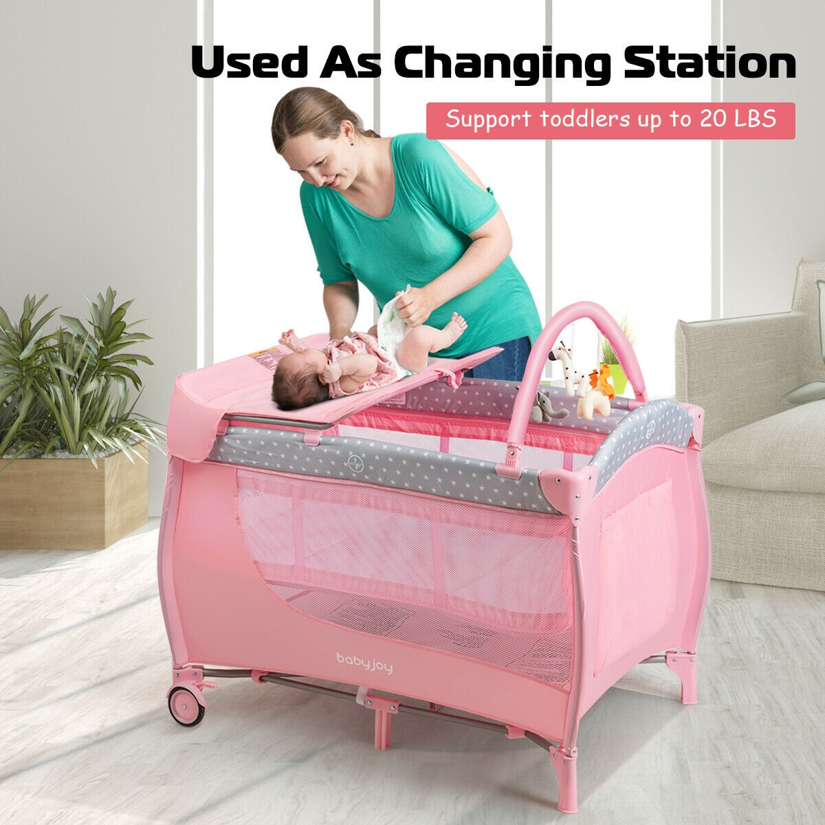 Foldable Safety  Baby Playard for Toddler Infant with Changing Station-PinkÂ