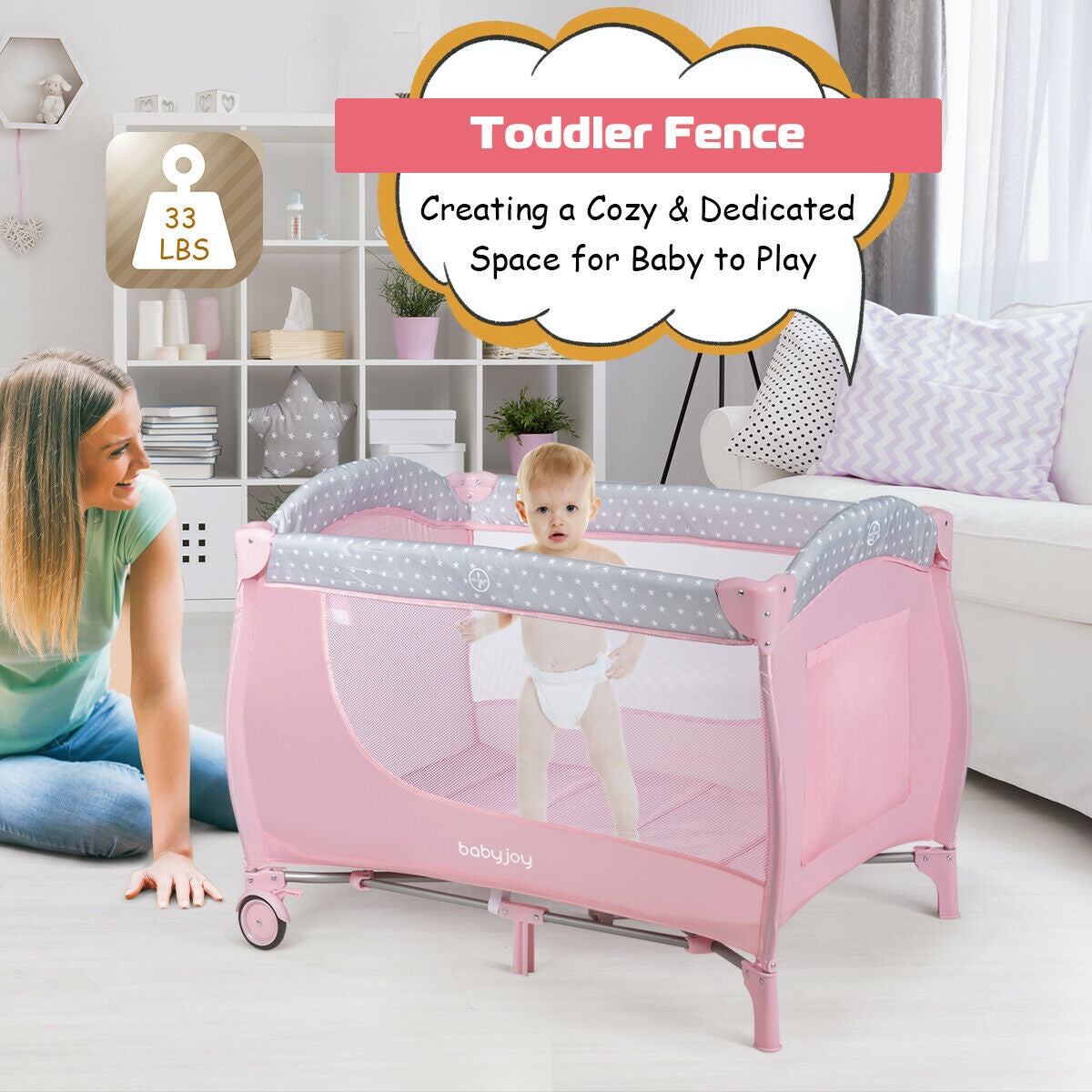 Foldable Safety  Baby Playard for Toddler Infant with Changing Station-PinkÂ