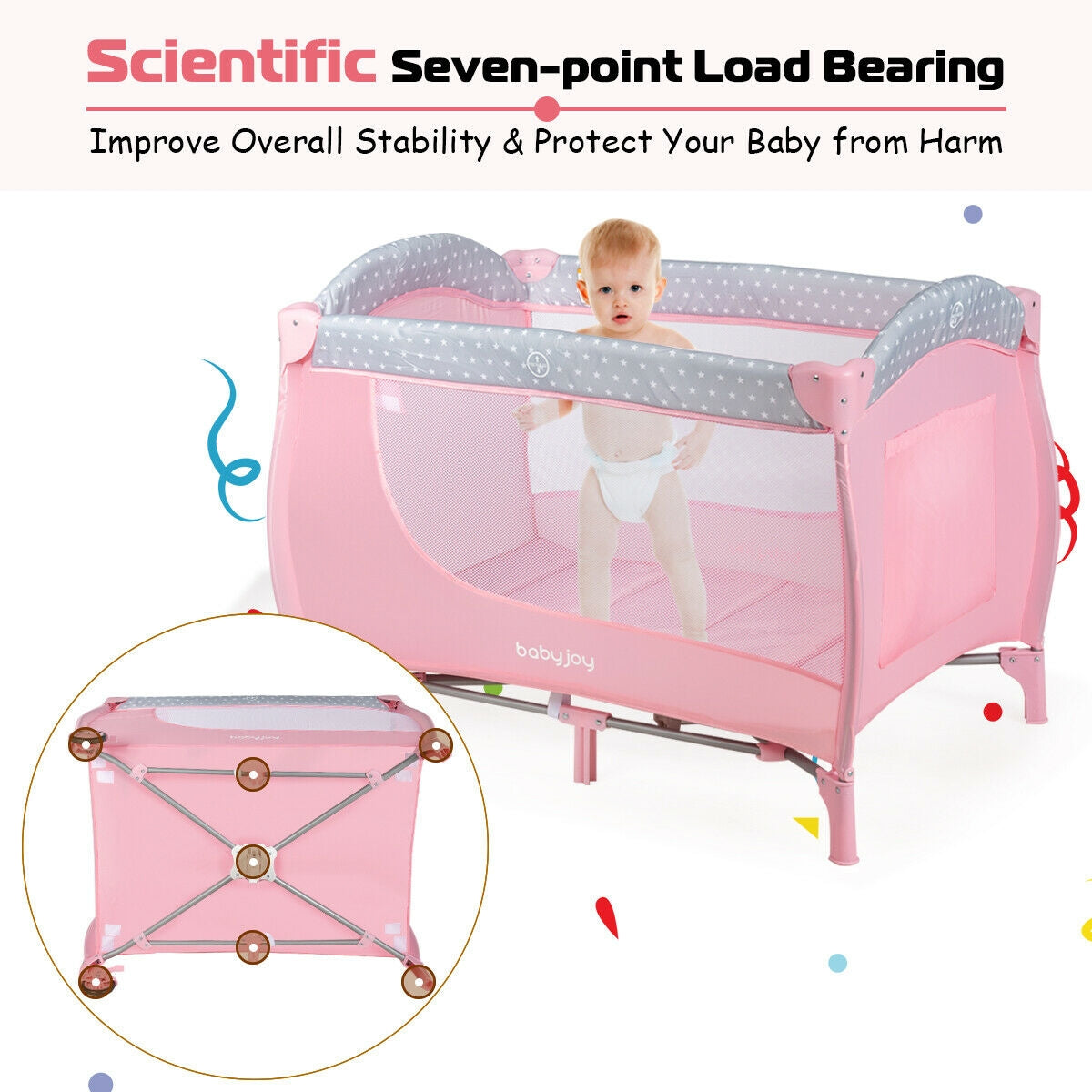 Foldable Safety  Baby Playard for Toddler Infant with Changing Station-PinkÂ