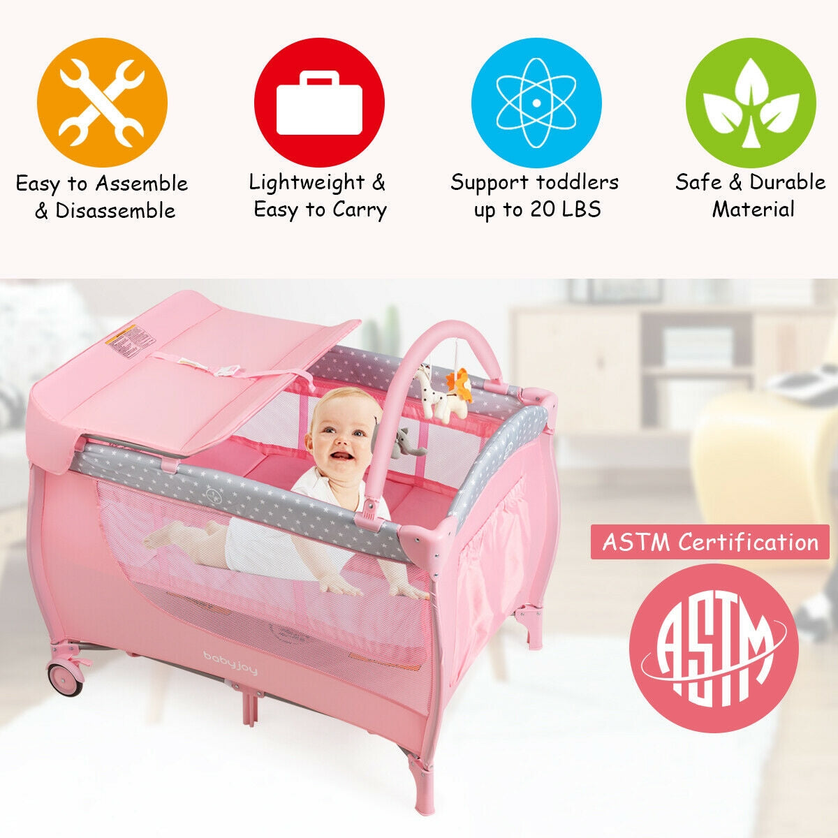 Foldable Safety  Baby Playard for Toddler Infant with Changing Station-PinkÂ