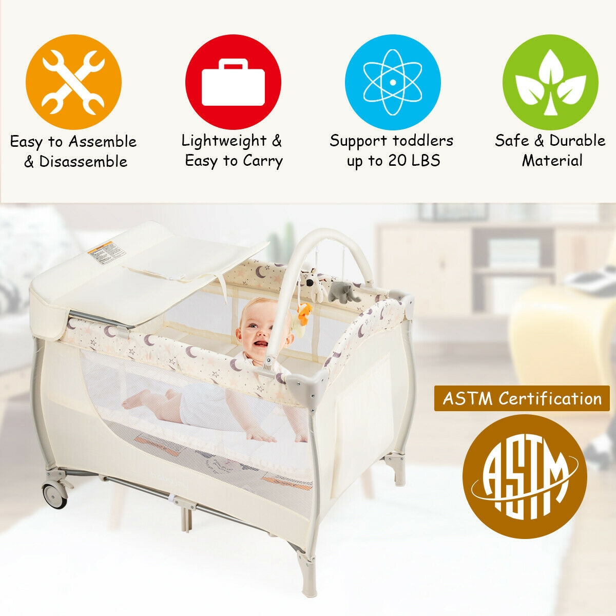 Foldable Safety  Baby Playard for Toddler Infant with Changing Station-BeigeÂ