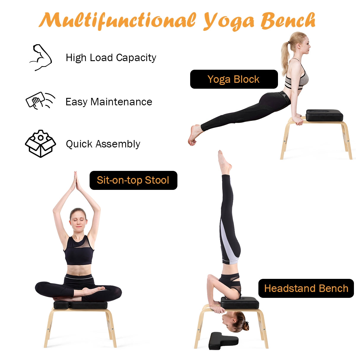 Yoga Headstand Wood Stool with PVC Pads-BlackÂ