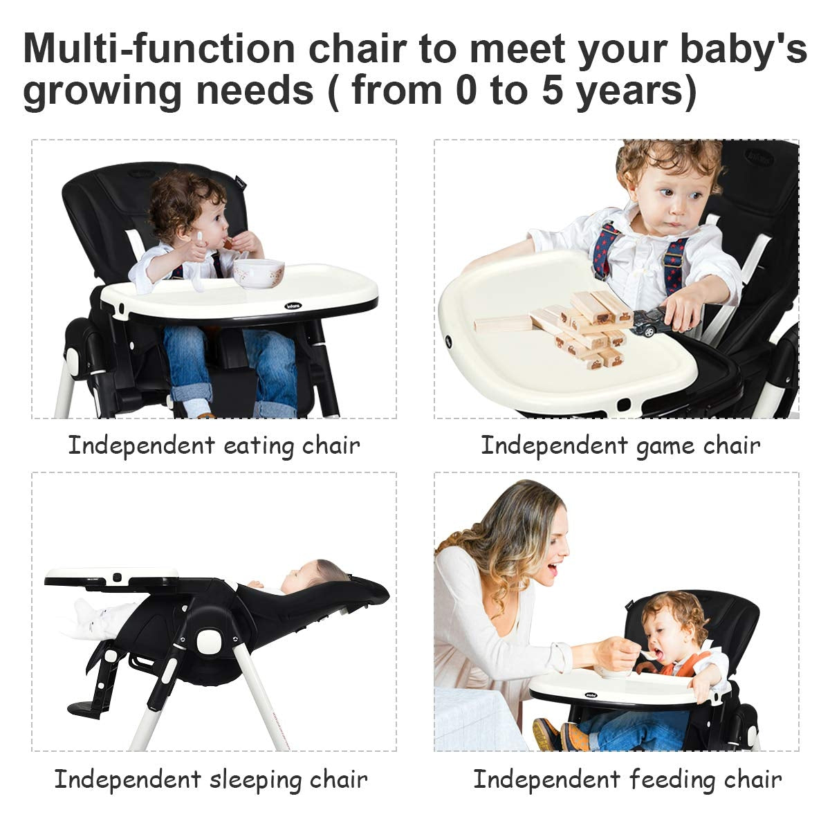 Foldable High chair with Multiple Adjustable Backrest-BlackÂ