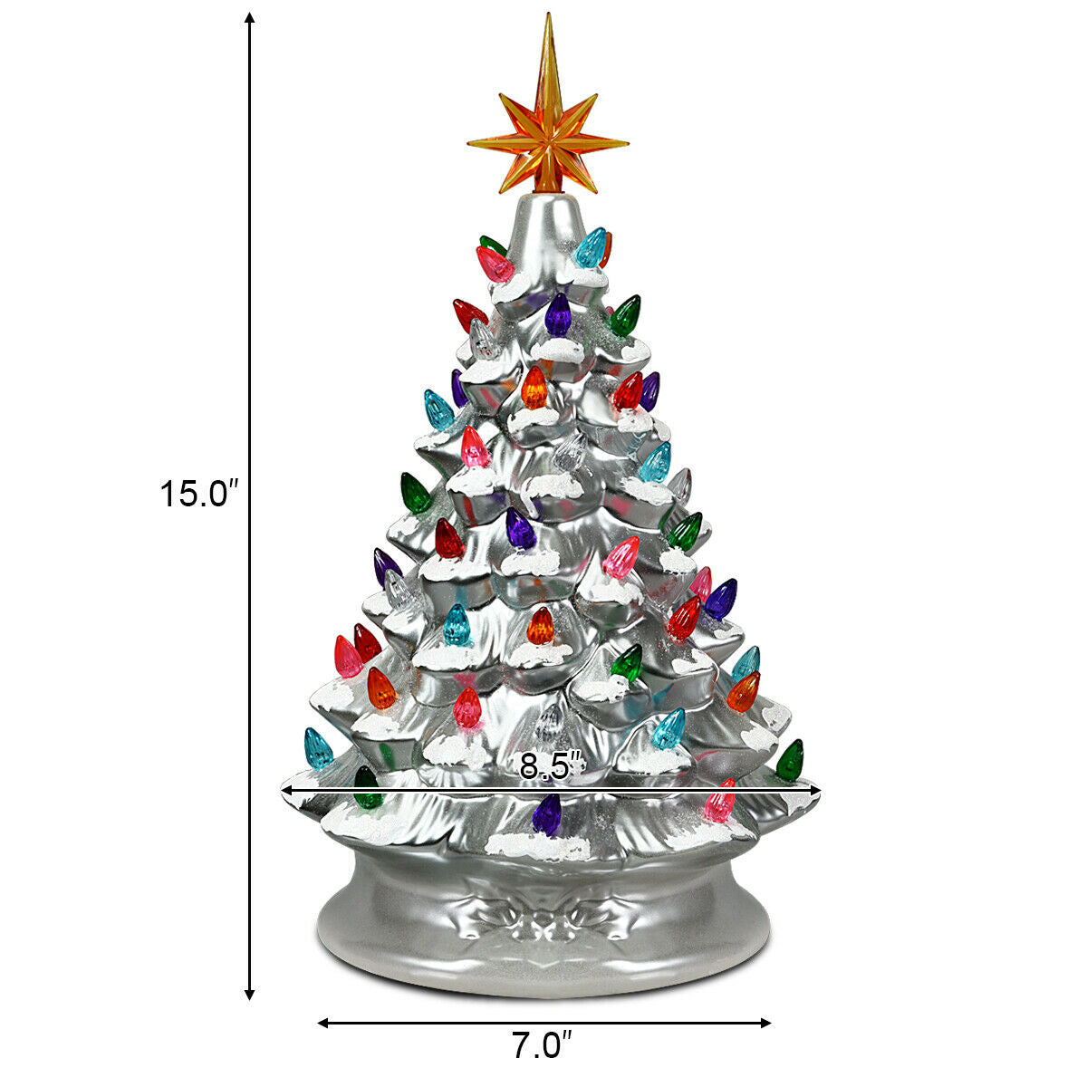 15 Inch Pre-Lit Hand-Painted Ceramic Christmas Tree-SilverÂ