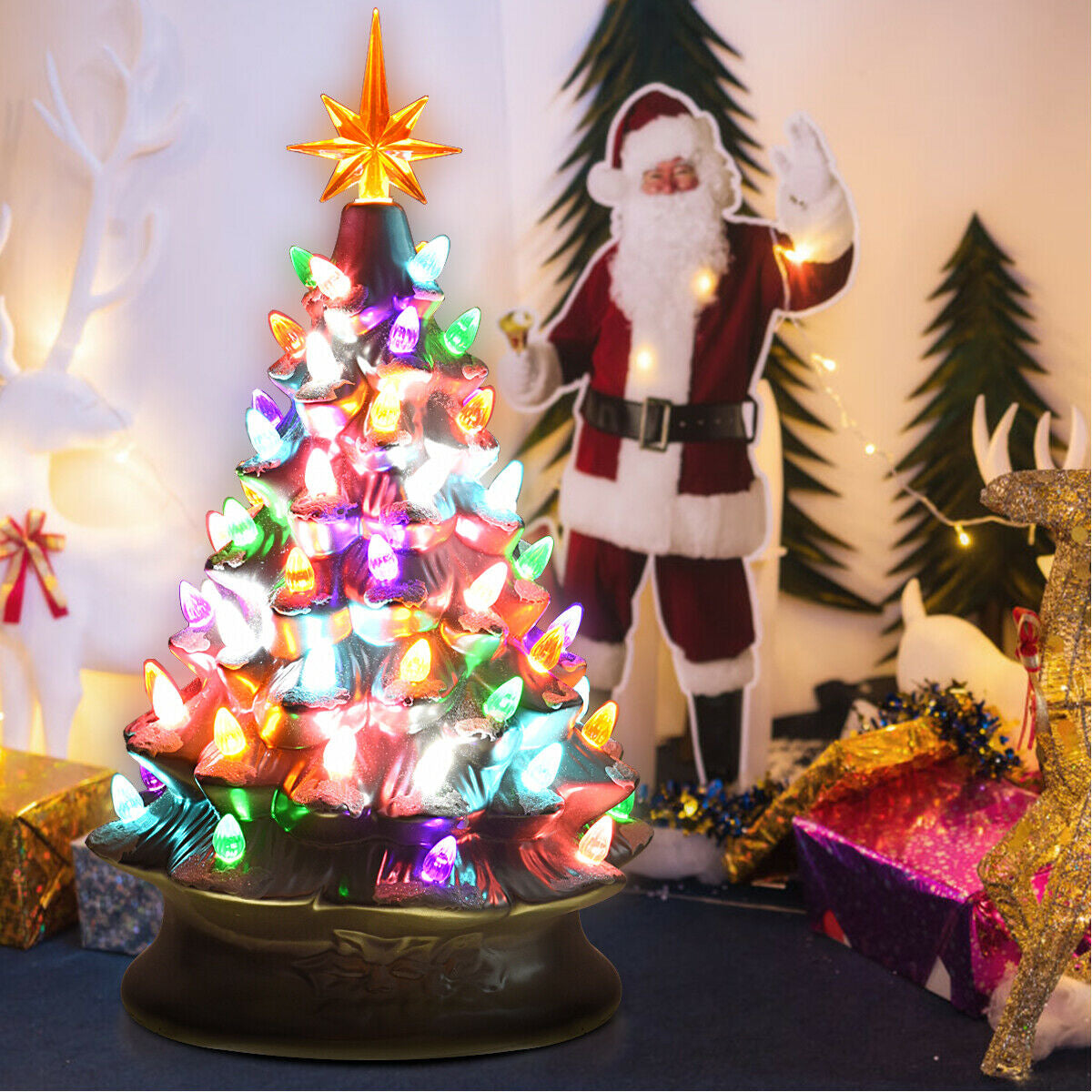 15 Inch Pre-Lit Hand-Painted Ceramic Christmas Tree-SilverÂ