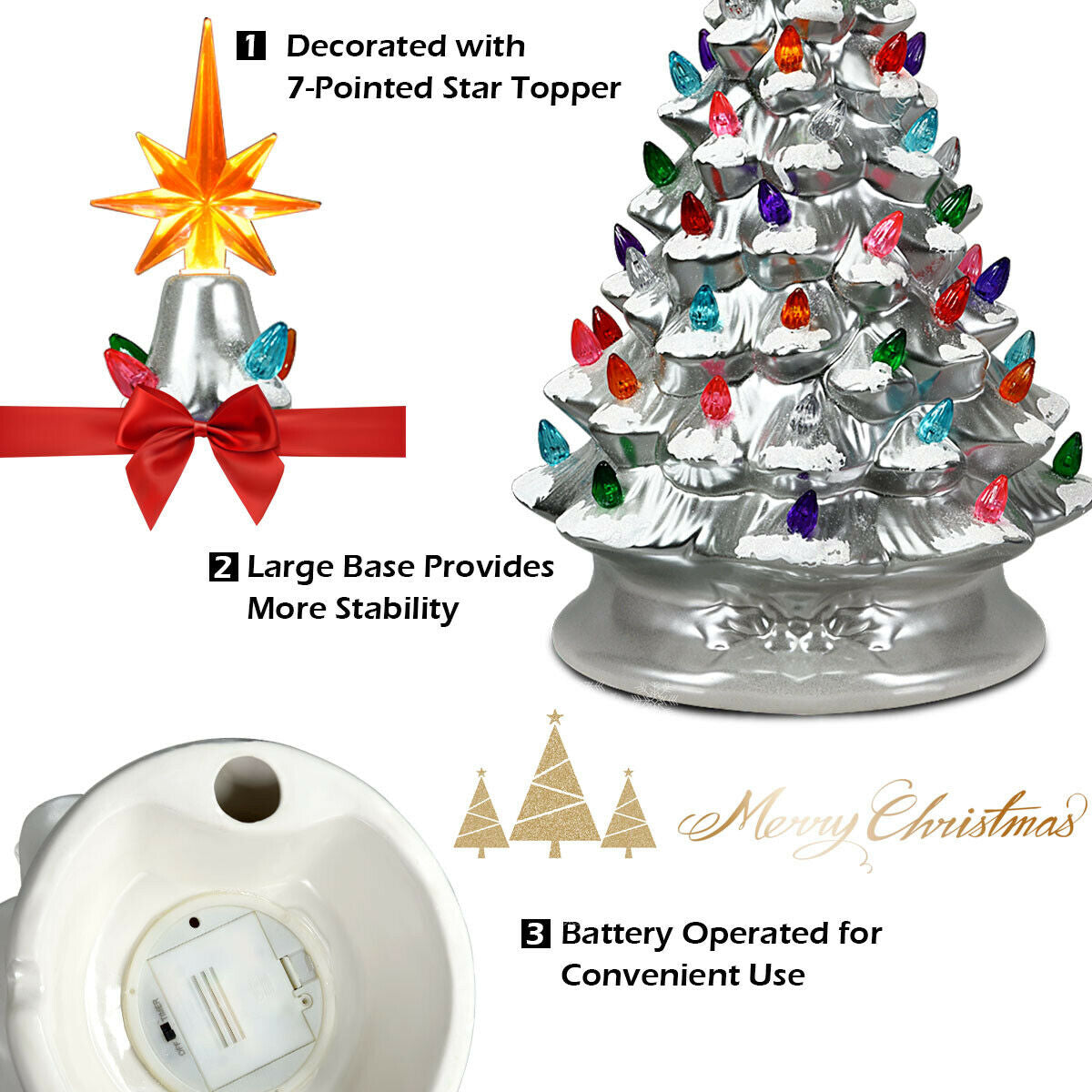 15 Inch Pre-Lit Hand-Painted Ceramic Christmas Tree-SilverÂ