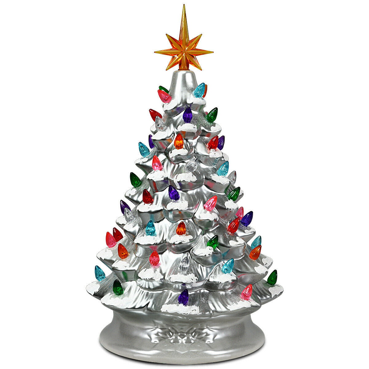 15 Inch Pre-Lit Hand-Painted Ceramic Christmas Tree-SilverÂ