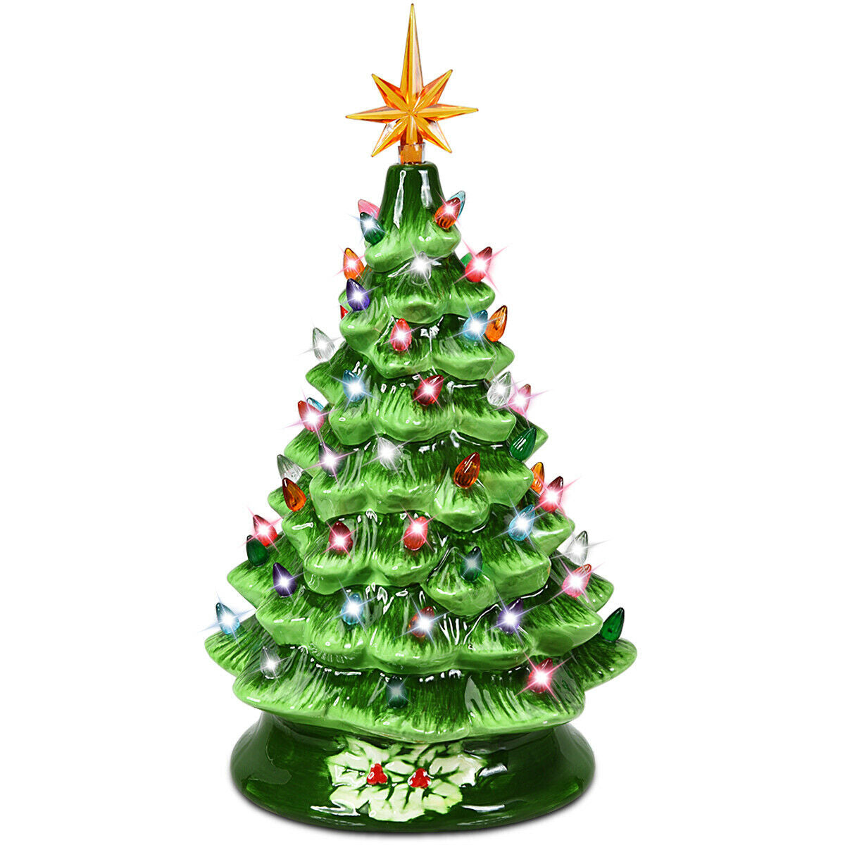 15 Inch Pre-Lit Hand-Painted Ceramic Christmas Tree-GreenÂ